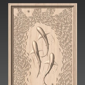 Three Swimming sharks and a school of sardines - CNC File for carving, 3D STLs