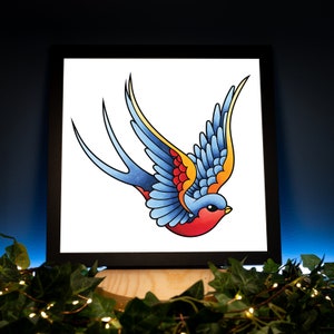 Neo Traditional Sailor Jerry Style Swallow Tattoo Flash Right Facing Hand Drawn Original Art Print Poster