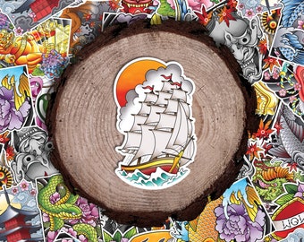Traditional Sailor Jerry Style Sailing Ship American Traditional Tattoo Flash Fine Art Waterproof Vinyl Sticker and Postcard Art Print
