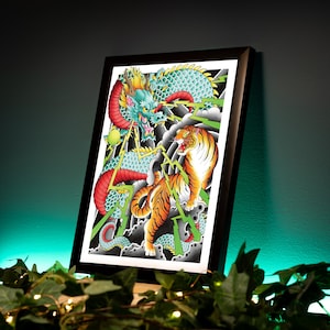 Dragon and Tiger Traditional Irezumi Japanese Tattoo Flash Hand Drawn Original Art Print Wall Poster