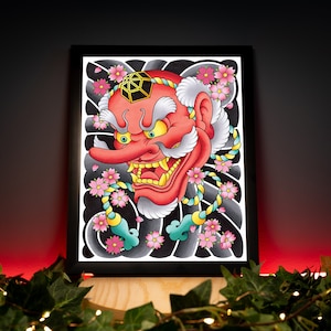 Máscara Tengu Oni Noh y flor de cerezo Sakura tradicional japonés Irezumi tatuaje flash dibujado a mano arte original impresión cartel de pared