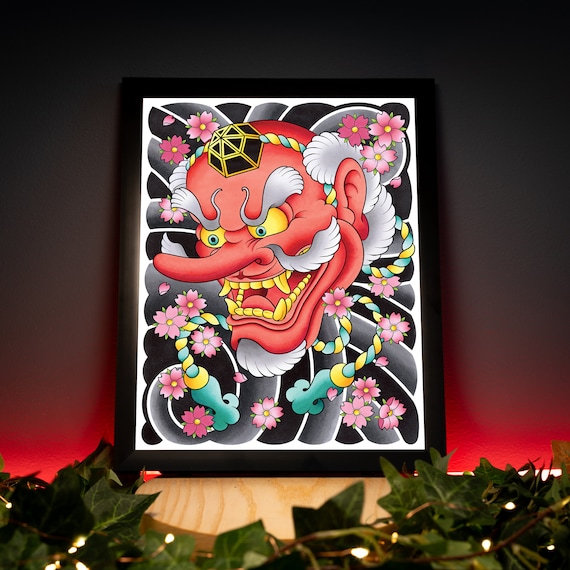 Tengu Oni Noh Mask and Sakura Cherry Blossom Flower Traditional
