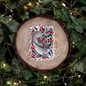 Koi Fisch und Ahornblätter Traditionelles Hand gezeichnetes Irezumi Tattoo-Blitz-Kunst-wasserfester Vinyl-Aufkleber und Postkarten-Kunstdruck