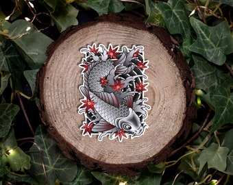Koi Fish and Maple Leaves Traditional Hand Drawn Irezumi Tattoo Flash Fine Art Waterproof Vinyl Sticker and Postcard Art Print