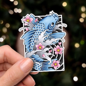 Peixe Koi e Sakura Flor de Cerejeira Tradicional Irezumi Tatuagem Flash Arte Fina Adesivo de Vinil À Prova D'Água e Impressão de Arte de Cartão Postal