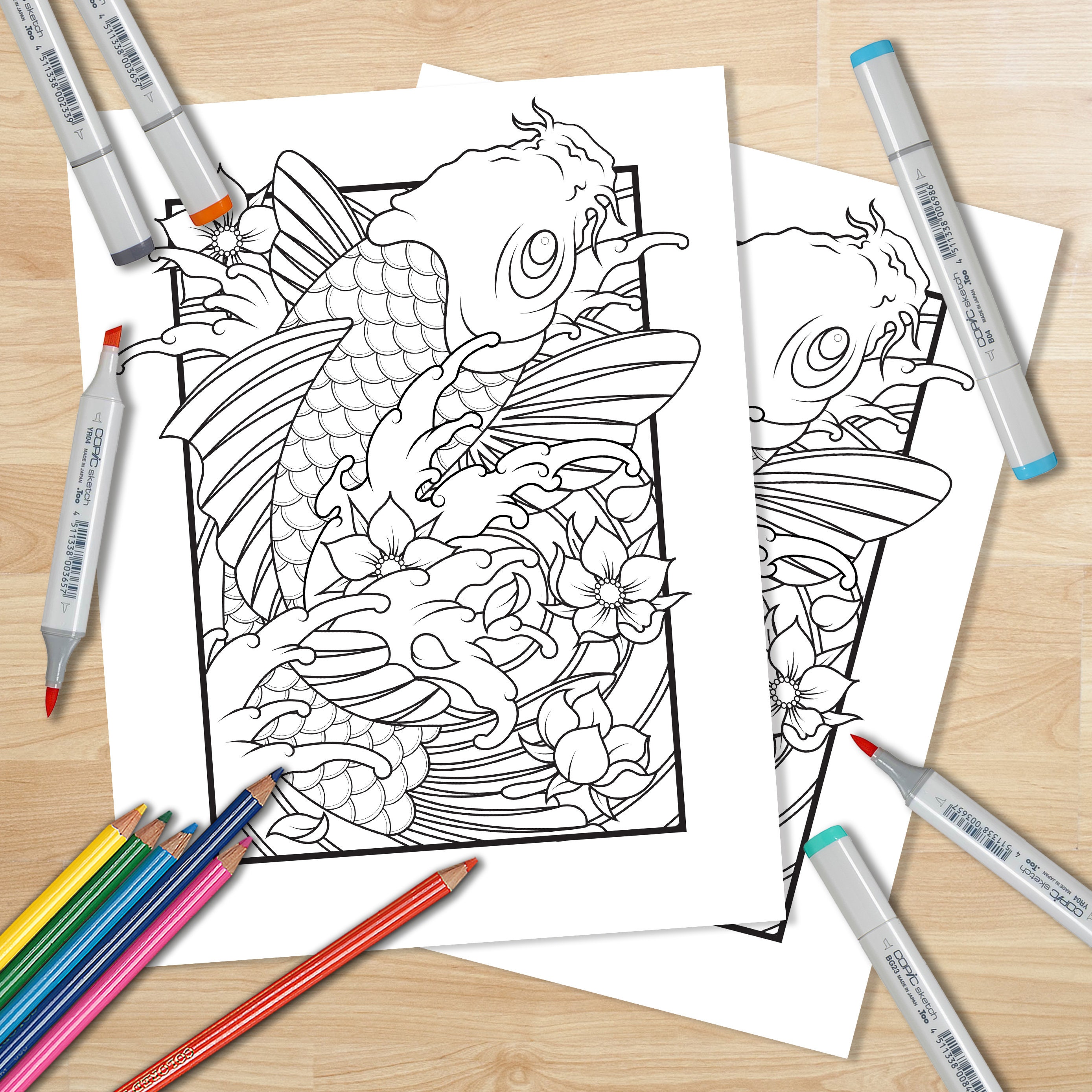 print your own adult coloring book page japanese koi fish etsy hong kong