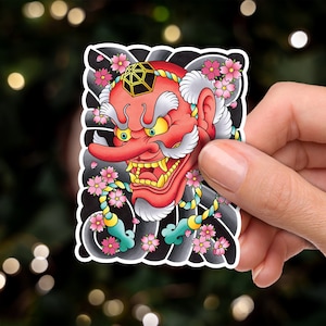 Tengu Mask Traditional Hand Drawn  Irezumi Tattoo Flash Fine Art Waterproof Vinyl Sticker and Postcard Art Print