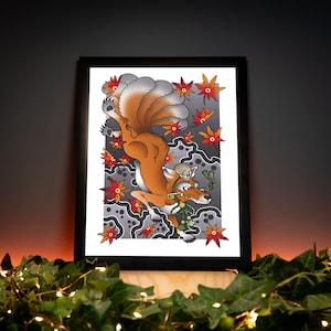 Kitsune Fox Nine Tails - Traditional Japanese Inspired Irezumi Tattoo Flash Hand Drawn Original Art Print Poster