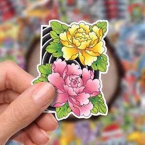 Peony Flower Traditional Irezumi Tattoo Flash Fine Art Waterproof Vinyl Sticker and Postcard Art Print