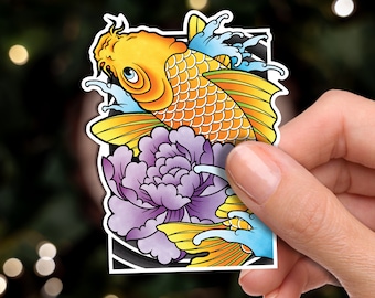 Koi Fish and Peony Traditional Hand Drawn Irezumi Tattoo Flash Fine Art Waterproof Vinyl Sticker and Postcard Art Print
