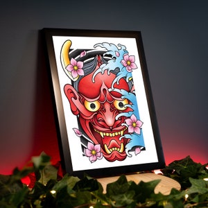 Máscara roja de Hannya Oni Noh con flor de cerezo de Sakura Tradicional Irezumi Tatuaje japonés Flash Póster de impresión artística original dibujada a mano