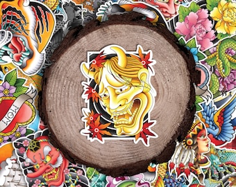 Hannya Oni Mask Tattoo Art: Waterproof Vinyl Sticker & Postcard Print