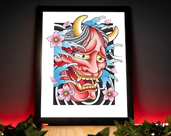 Hannya Oni Noh Mask and Sakura Cherry Blossom Flower Traditional Japanese Irezumi Tattoo Flash Hand Drawn Original Art Print Wall Poster