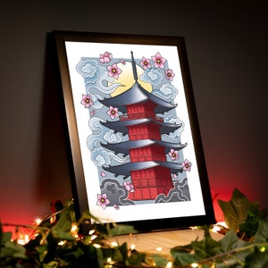 Pagoda - Traditional Japanese Inspired Irezumi Tattoo Flash Hand Drawn Original Art Print Poster