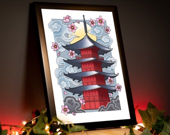 Pagoda - Traditional Japanese Inspired Irezumi Tattoo Flash Hand Drawn Original Art Print Poster