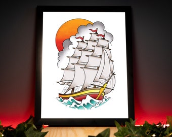 Traditional Sailing Ship Inspired Tattoo Flash Hand Drawn Original Art Print Poster
