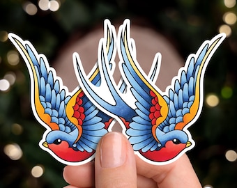 Pack of 2 Traditional Sailor Jerry Style Swallow American Traditional Tattoo Flash Fine Art Waterproof Vinyl Sticker and Postcard Art Print