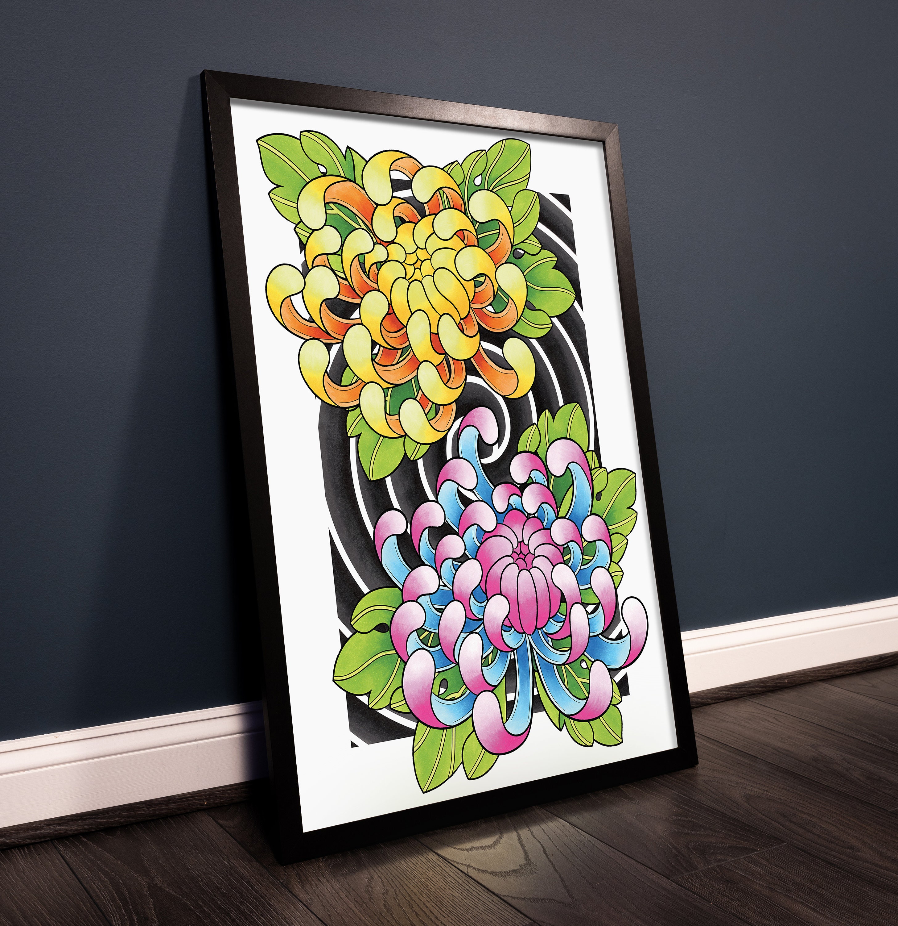 菊の花 伝統的な刺青 日本のタトゥー フラッシュ 手描き オリジナル 菊の花 伝統的な刺青 日本のタトゥー フラッシュ 手描き オリジナル