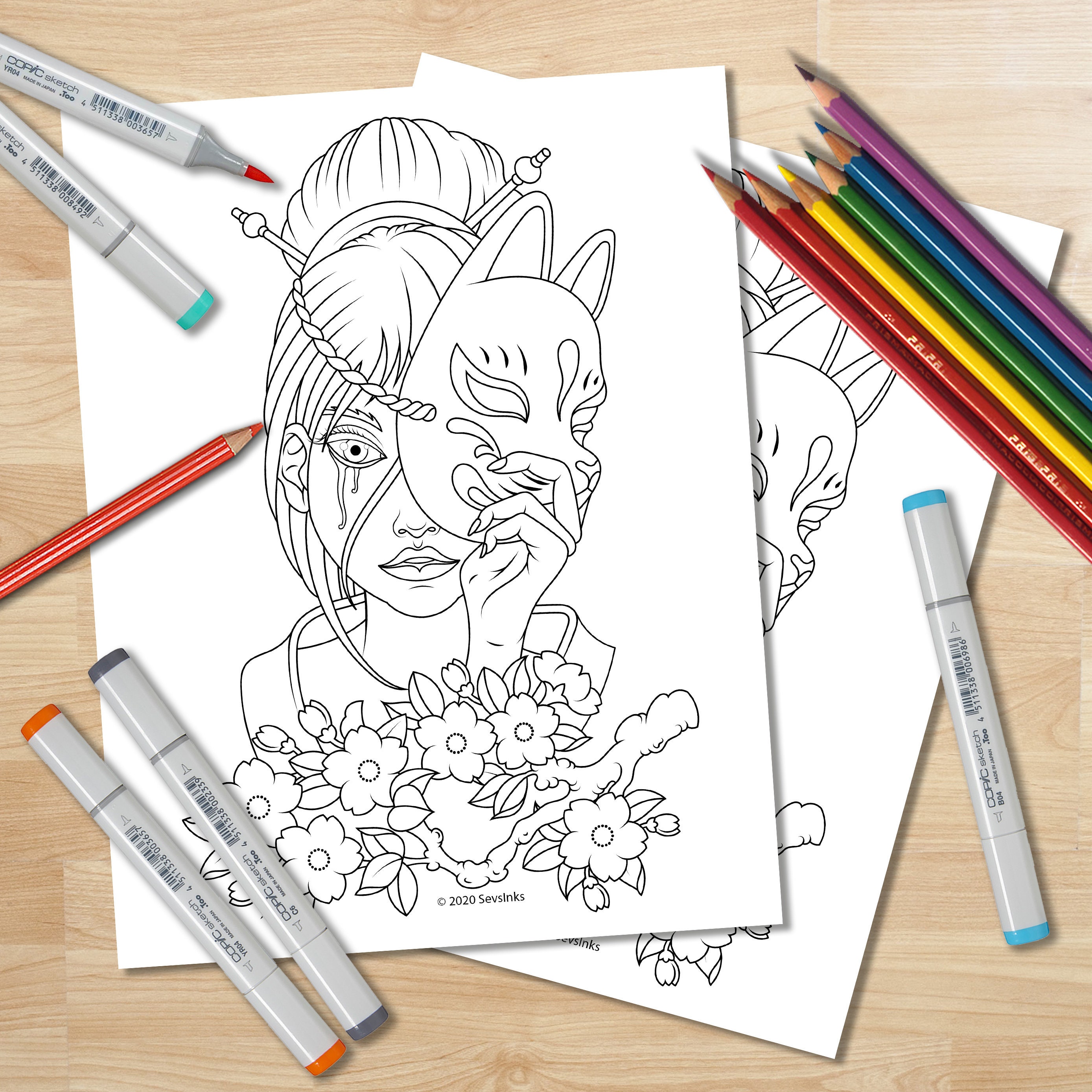 Print Your Own Adult Coloring Book Page Kitsune Geisha Girl Etsy