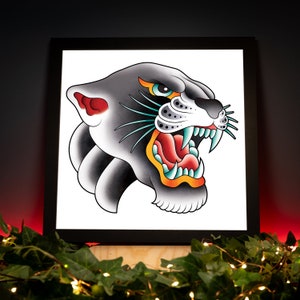 Traditional Panther Head Tattoo Flash Hand Drawn Original Art Print Poster