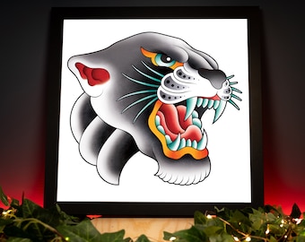Traditional Panther Head Tattoo Flash Hand Drawn Original Art Print Poster