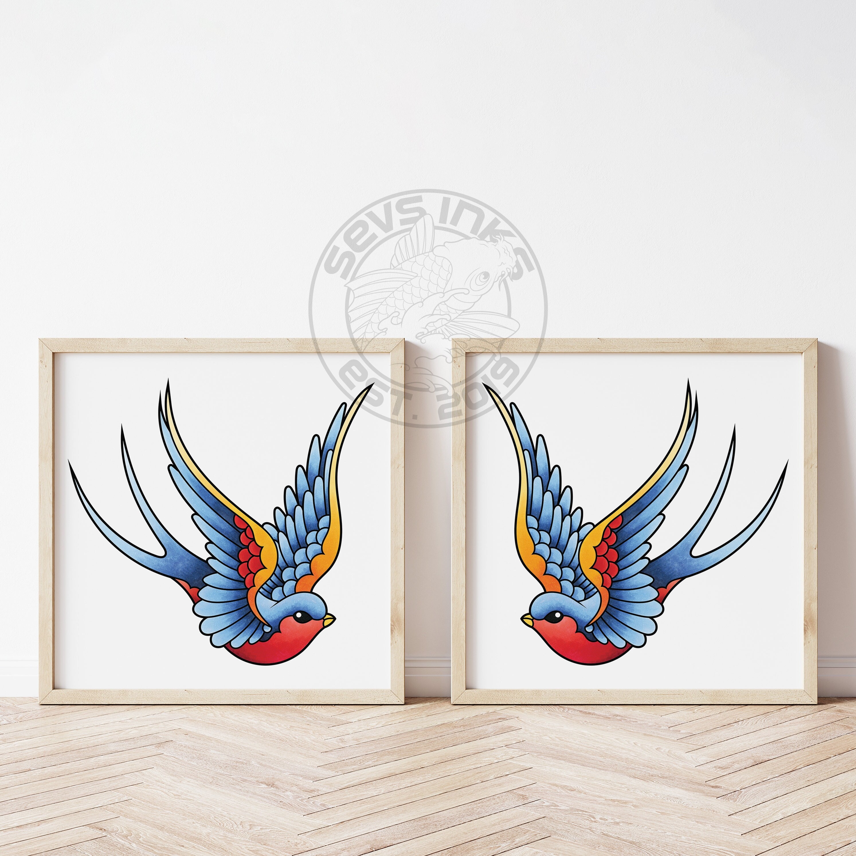 Traditional Sailor Jerry Style Swallow Tattoo Flash Set of 2 - Etsy Norway