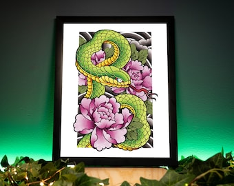 Hebi Snake and Peony - Traditional Japanese Inspired Irezumi Tattoo Flash Hand Drawn Original Art Print Poster