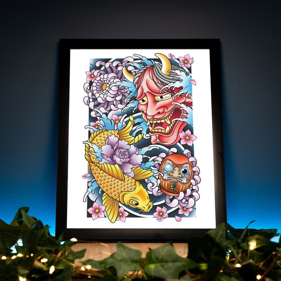 鯉般若面だるまと菊の花、伝統的な日本のタトゥーフラッシュ手描き
