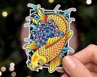 Koi Fish and Chrysanthemum Traditional Hand Drawn Irezumi Tattoo Flash Fine Art Waterproof Vinyl Sticker and Postcard Art Print