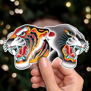 Traditional Tiger & Panther Head Tattoo Flash Art Print 3" Sticker Pack