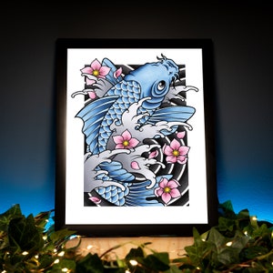 Poisson koi et fleur de cerisier sakura Irezumi traditionnel japonais tatouage Flash affiche d'art originale dessinée à la main