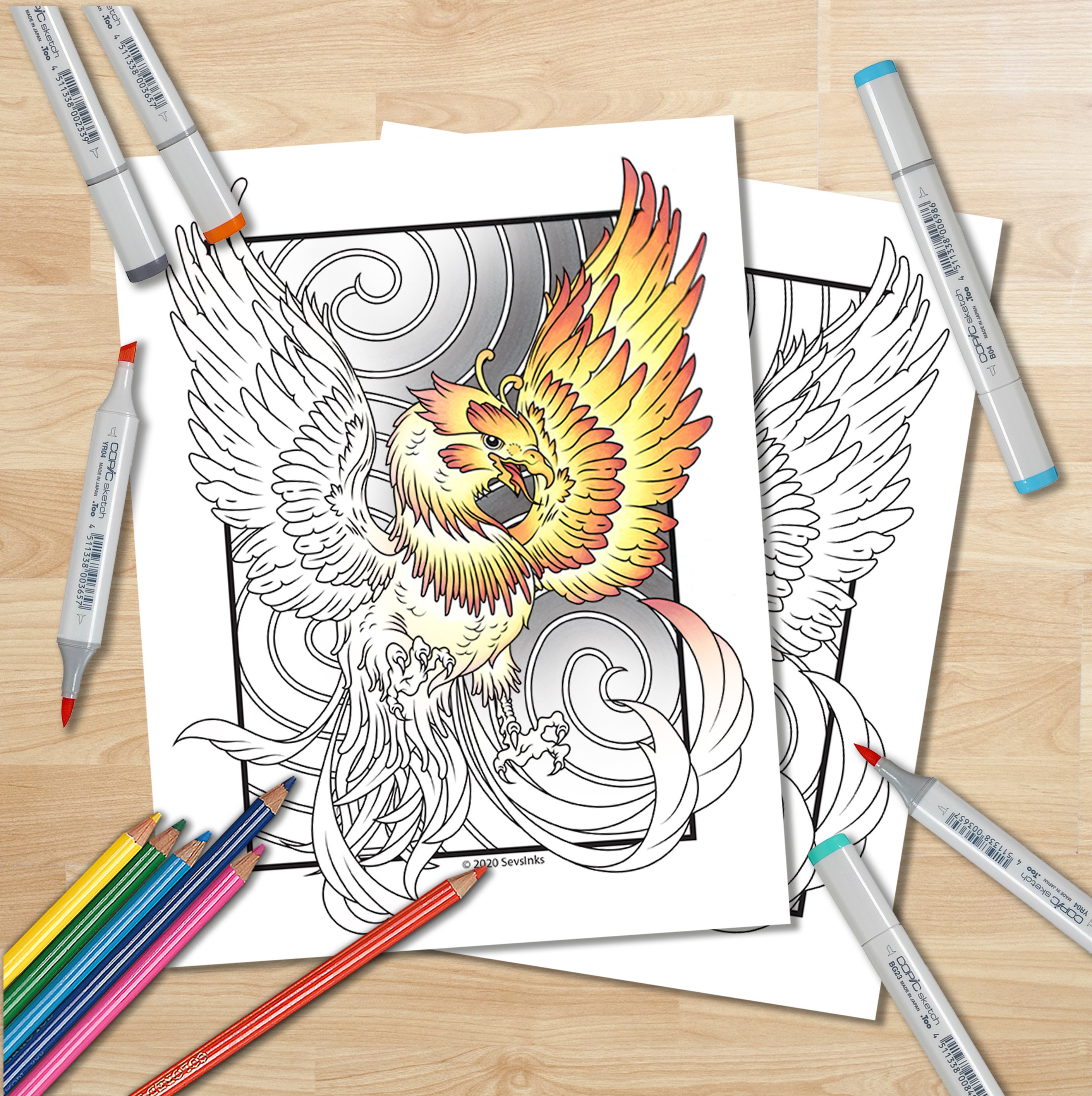 print your own adult coloring book page japanese phoenix etsy australia