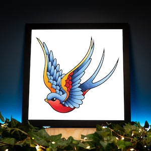 Neo Traditional Sailor Jerry Style Swallow Tattoo Flash Left Facing Hand Drawn Original Art Print Poster