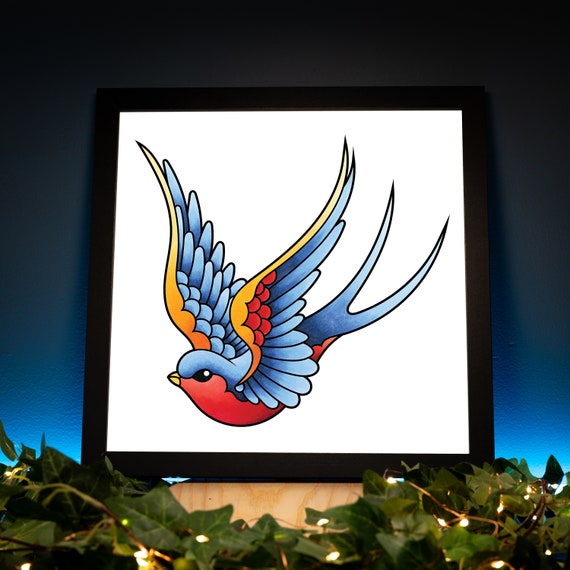 Neo Traditional Sailor Jerry Style Swallow Tattoo Flash Left