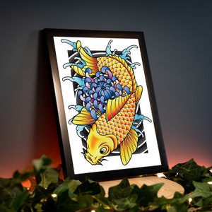 Koi Fish & Chrysanthemum - Traditional Irezumi Japanese Tattoo Flash Hand Drawn Original Art Print Poster