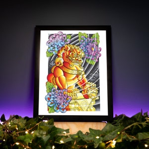 Female Foo Dog Traditional Irezumi Japanese Tattoo Flash Art Print Hand Drawn Original Art Print Poster