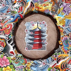 Japanese Pagoda Traditional Irezumi Tattoo Flash Fine Art Waterproof Vinyl Sticker and Postcard Art Print