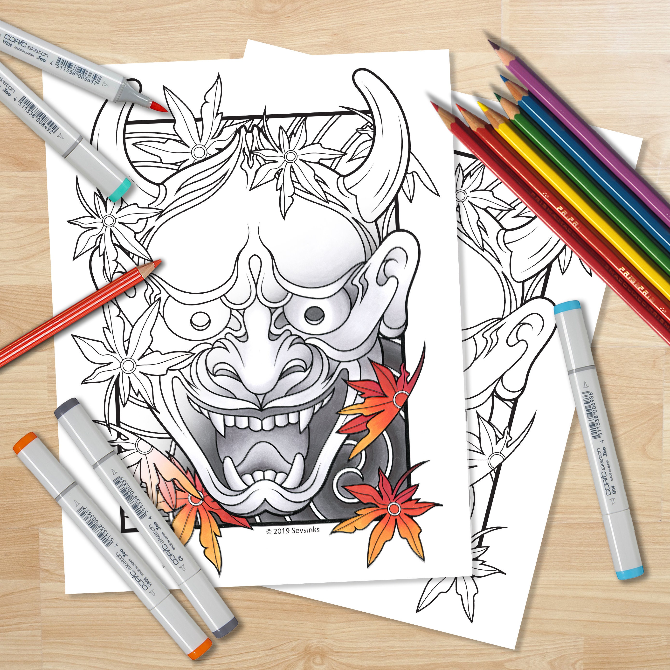 print your own adult coloring book page japanese hannya oni etsy