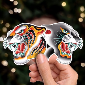 Tiger & Panther Head American Traditional Tattoo Flash Fine Art Waterproof Vinyl Sticker and Postcard Art Print