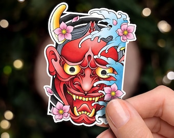 Hannya Oni Noh Mask Traditional Hand Drawn Irezumi Tattoo Flash Fine Art Waterproof Vinyl Sticker and Postcard Art Print