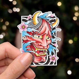 Hannya Oni Noh Maske Traditionelles Hand gezeichnetes Irezumi Tattoo Flash Fine Art Wasserdichter Vinyl-Aufkleber und Postkarte Kunstdruck