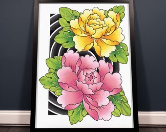 牡丹の花の伝統的な入れ墨、日本のタトゥーフラッシュ手描きオリジナル