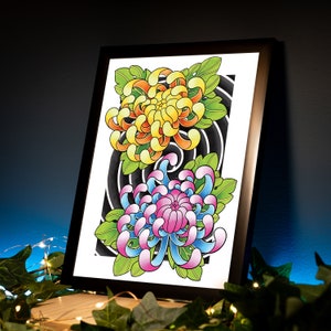 Chrysantheme Blume Traditionelle Irezumi Japanischer Tattoo Blitz Handgezeichnet Original Kunstdruck Poster