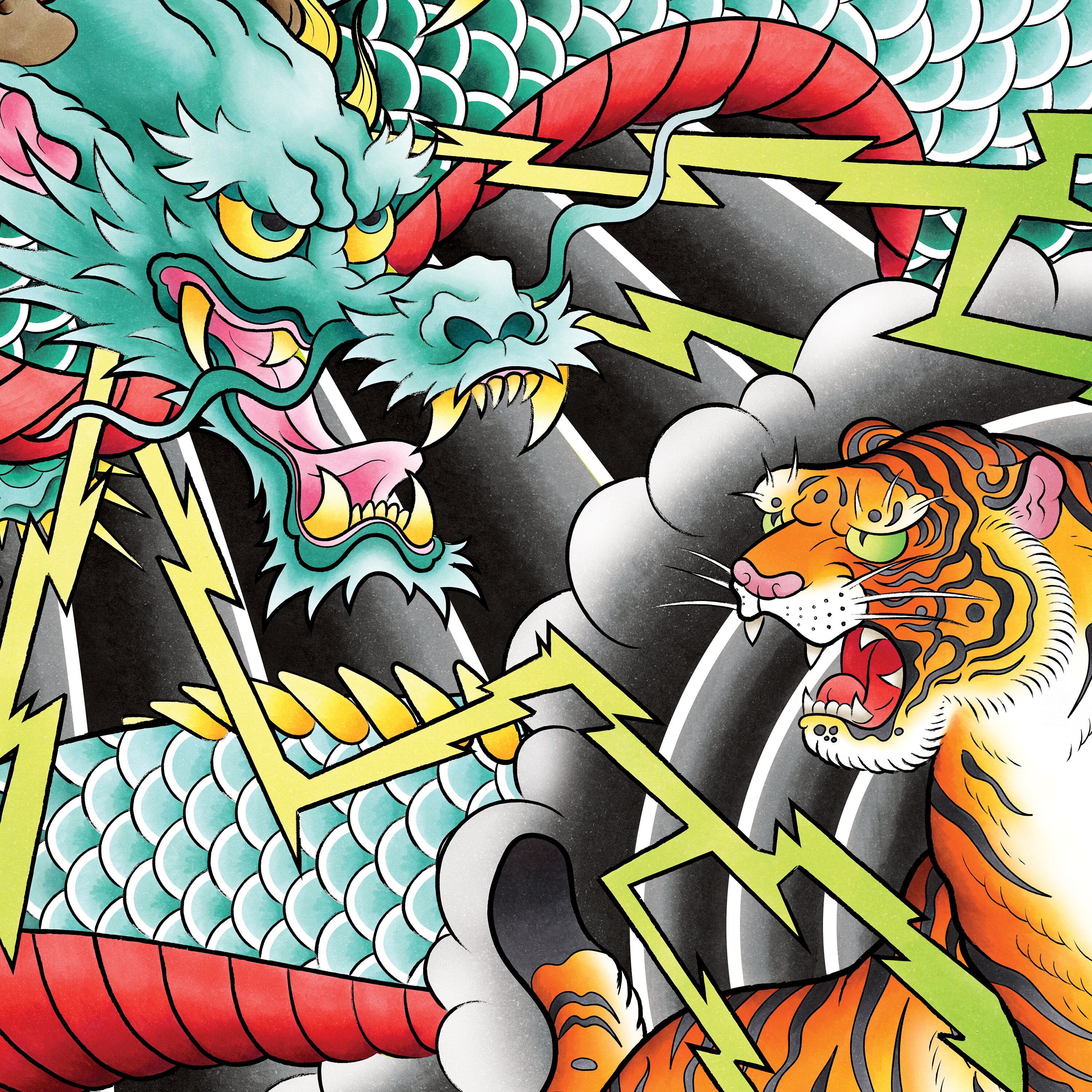龍と虎の伝統的な入れ墨、日本のタトゥーフラッシュ手描きオリジナル