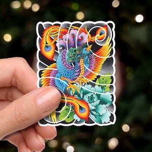 Phoenix tatouage flash Irezumi traditionnel dessiné à la main beaux-arts autocollant en vinyle imperméable et impression d'art de carte postale