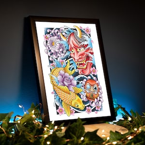 Koi Hannya Mask Daruma and Chrysanthemum Flower Traditional Japanese Inspired Tattoo Flash Hand Drawn Original Art Print Poster