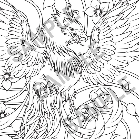 print your own adult coloring book page japanese phoenix etsy
