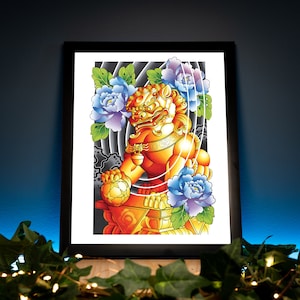 Male Foo Dog Traditional Irezumi Japanese Tattoo Flash Hand Drawn Original Art Print Poster