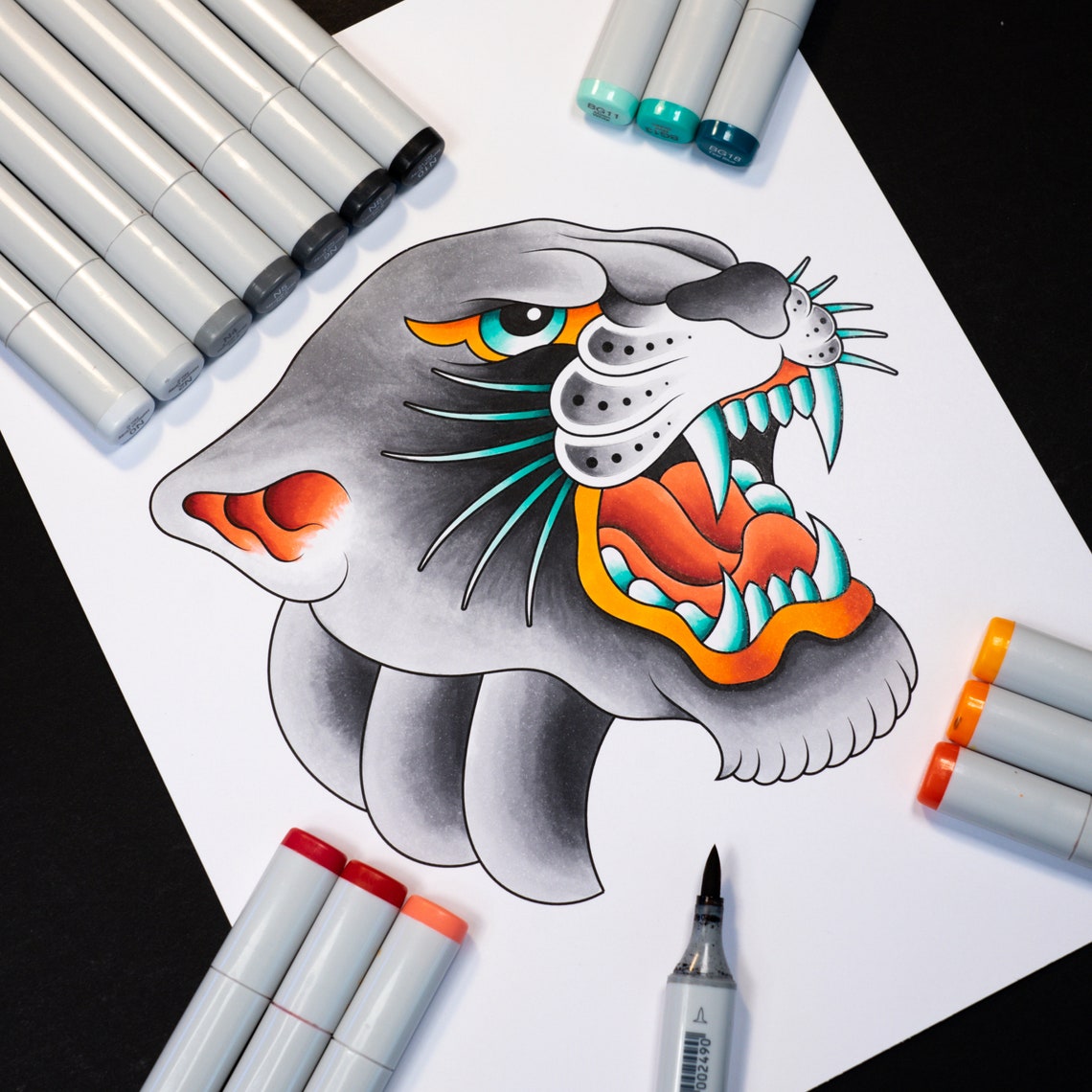 Traditional Panther Head Tattoo Flash Hand Drawn Art Print - Etsy