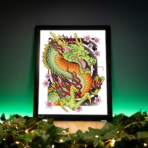 Dragon and Sakura Cherry Blossom Flower Traditional Irezumi Japanese Tattoo Flash Hand Drawn Original Art Print Wall Poster